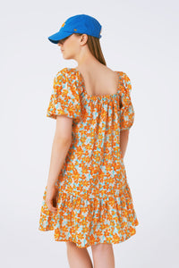 Puff Sleeve Yellow Floral Tiered Swing Dress