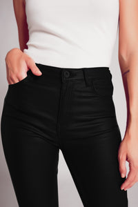 Stretch Faux Leather Flare Pants in Black