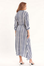 Load image into Gallery viewer, Striped Maxi Shirt Dress With 3/4 Sleeve and Belt in Blue and White