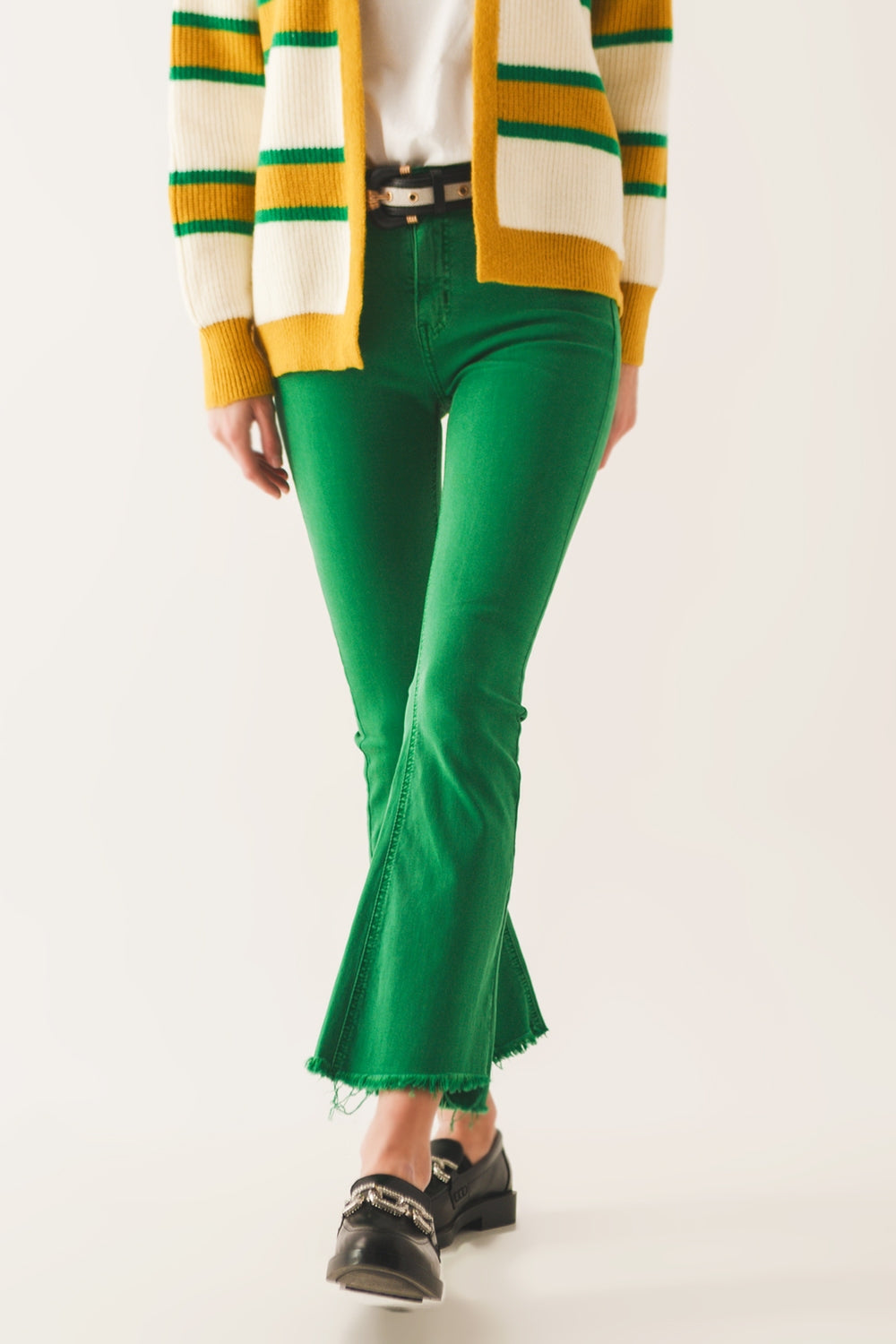 Flare Jeans With Raw Hem Edge in Bright Green