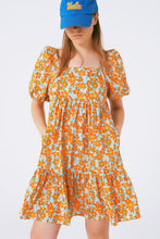 Load image into Gallery viewer, Puff Sleeve Yellow Floral Tiered Swing Dress