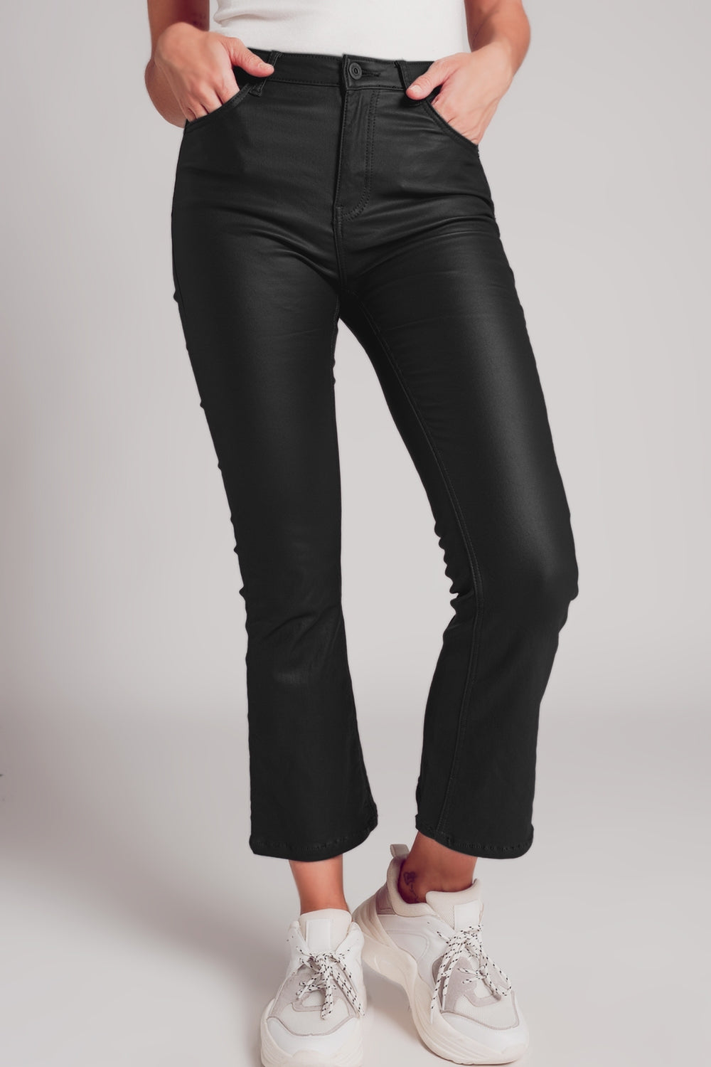 Stretch Faux Leather Flare Pants in Black