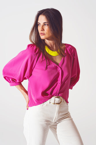 Satin Button Through Shirt in Fuchsia