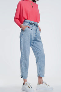 Straight Cut Belted Jeans in Light Denim