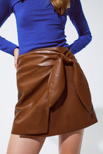 Load image into Gallery viewer, Brown Faux Leather Mini Skirt With Bow on the Side