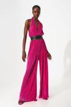 Load image into Gallery viewer, Satin Halter Neck Pleated Maxi Jumpsuit in Fuchsia