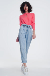 Straight Cut Belted Jeans in Light Denim