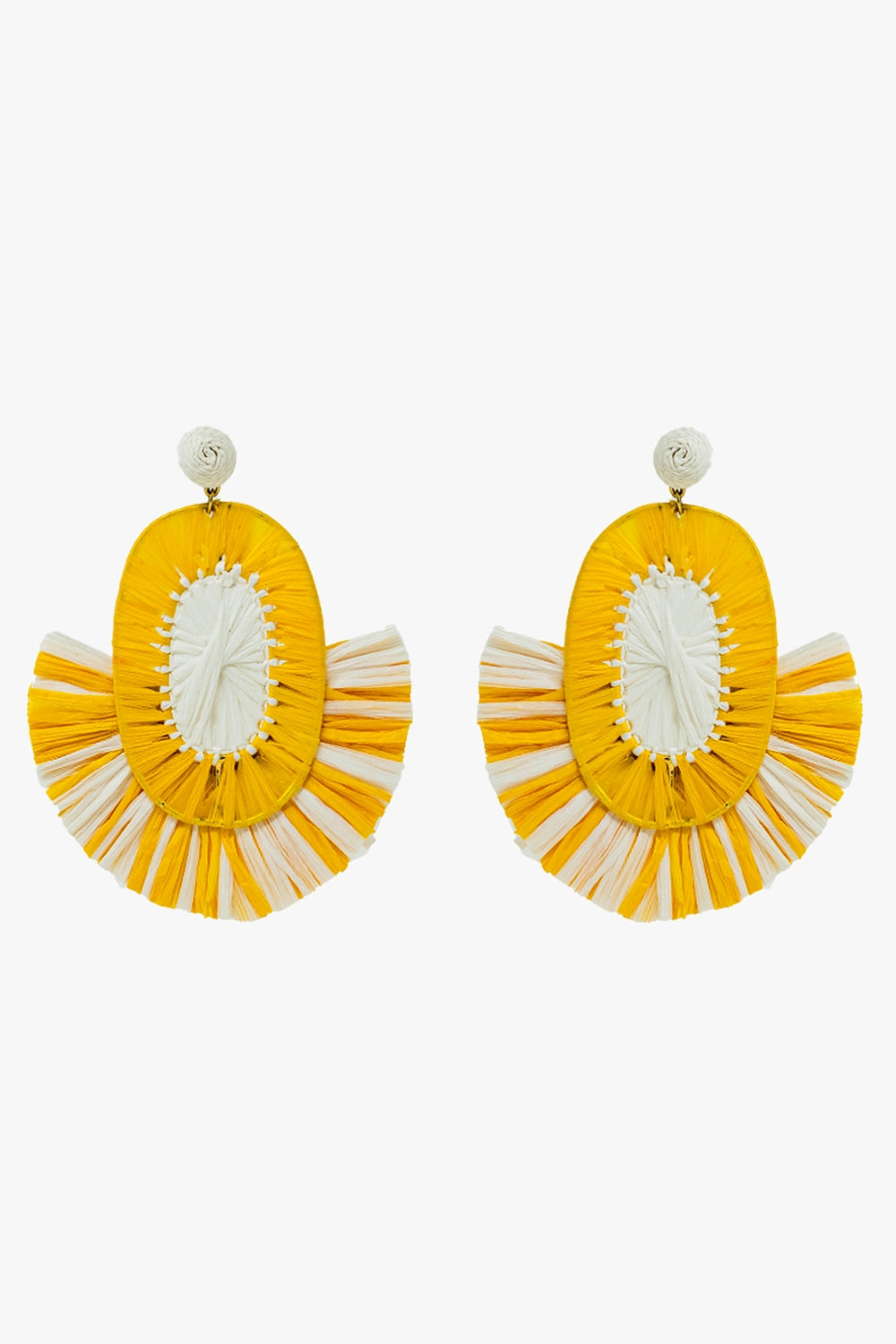 Maxi Dropped Raffia Earrings With Yellow and White Tassels