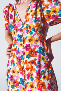 Midi Cinched in Wist Dress in Multicolor Floral Print