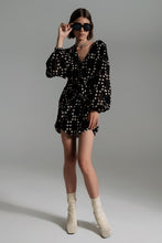 Load image into Gallery viewer, Polka Dot Mini Wrap Dress with Balloon Sleeves