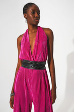 Load image into Gallery viewer, Satin Halter Neck Pleated Maxi Jumpsuit in Fuchsia