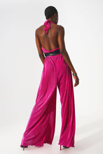 Load image into Gallery viewer, Satin Halter Neck Pleated Maxi Jumpsuit in Fuchsia