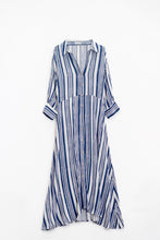 Load image into Gallery viewer, Striped Maxi Shirt Dress With 3/4 Sleeve and Belt in Blue and White