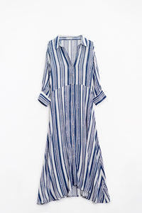 Striped Maxi Shirt Dress With 3/4 Sleeve and Belt in Blue and White