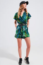 Load image into Gallery viewer, Wrap Jumpsuit in Green Tropical Print