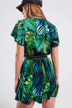 Load image into Gallery viewer, Wrap Jumpsuit in Green Tropical Print