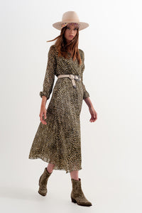 Long Sleeve Wrap Front Chiffon Dress With Belt