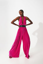 Load image into Gallery viewer, Satin Halter Neck Pleated Maxi Jumpsuit in Fuchsia