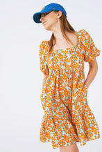 Load image into Gallery viewer, Puff Sleeve Yellow Floral Tiered Swing Dress