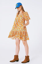 Load image into Gallery viewer, Puff Sleeve Yellow Floral Tiered Swing Dress