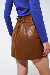 Brown Faux Leather Mini Skirt With Bow on the Side