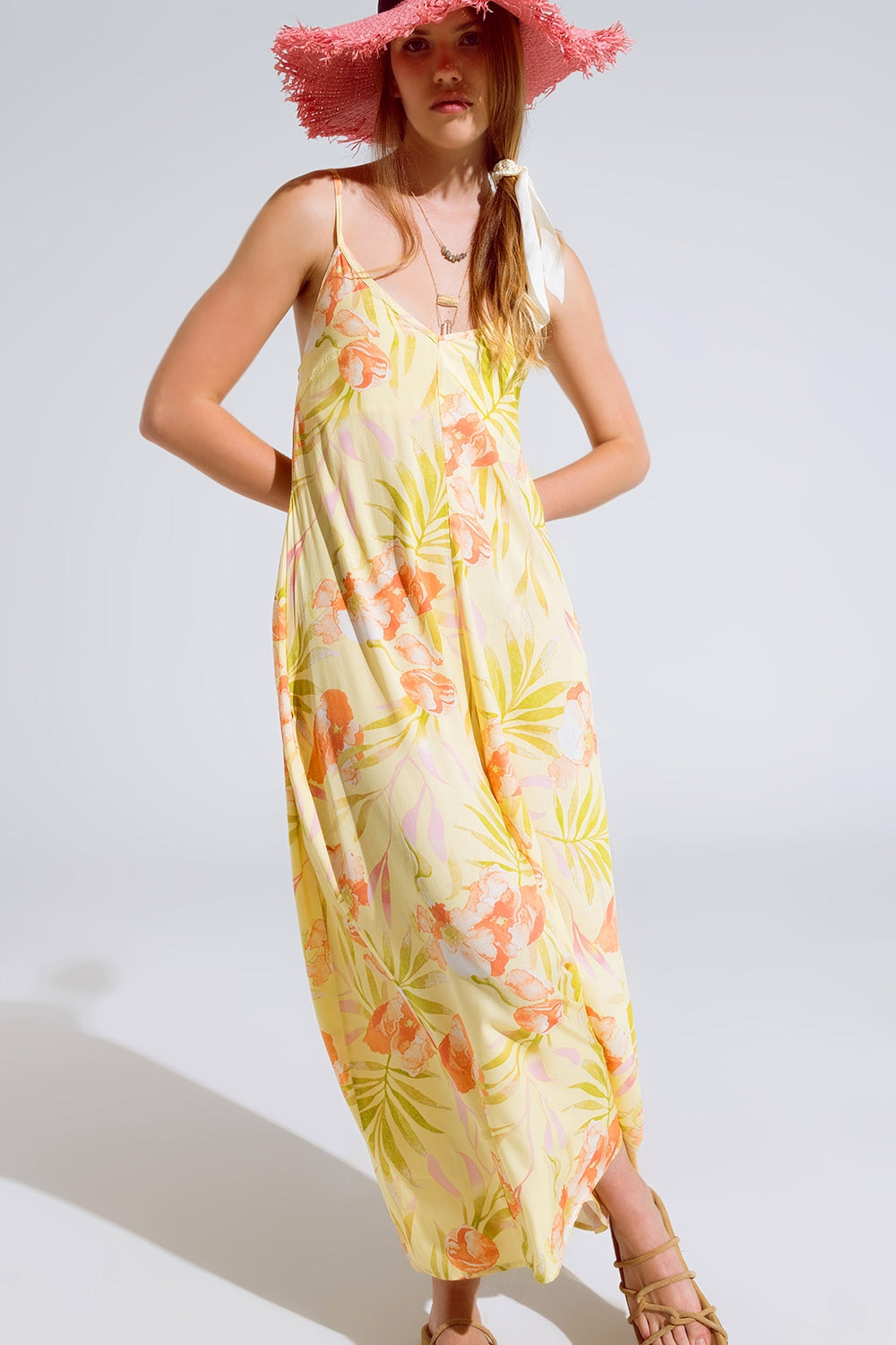 Maxi Yellow Jumpsuit in Tropical Print