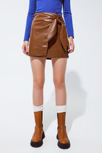 Load image into Gallery viewer, Brown Faux Leather Mini Skirt With Bow on the Side