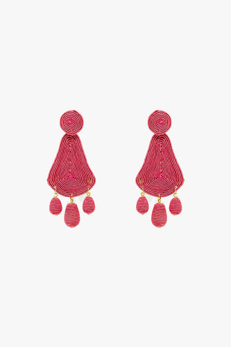 Tear Drop Rafia Earrings With Oval Beads in Fuchsia