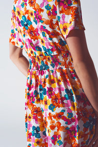 Midi Cinched in Wist Dress in Multicolor Floral Print