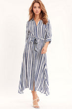 Load image into Gallery viewer, Striped Maxi Shirt Dress With 3/4 Sleeve and Belt in Blue and White