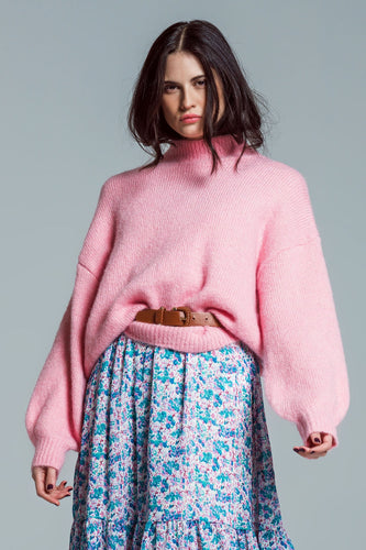 Oversized Mock Neck Jumper with Balloon Sleeves in Pink