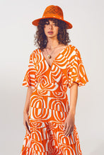 Load image into Gallery viewer, V Neck Midi Dress With Print in Orange