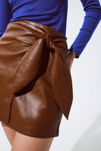 Load image into Gallery viewer, Brown Faux Leather Mini Skirt With Bow on the Side