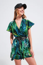 Load image into Gallery viewer, Wrap Jumpsuit in Green Tropical Print