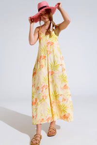 Maxi Yellow Jumpsuit in Tropical Print