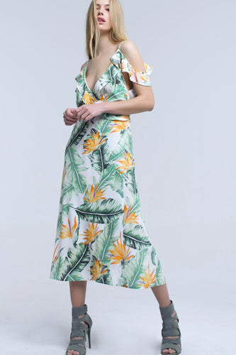 White  Tropical Leaves Midi Dress