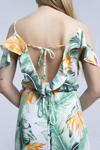 White  Tropical Leaves Midi Dress