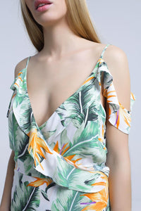 White  Tropical Leaves Midi Dress