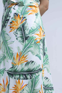 White  Tropical Leaves Midi Dress