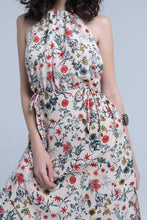 Load image into Gallery viewer, High Neck Beige Floral Midi Dress