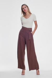 Belted High Waist Wideleg Trouser in Brown