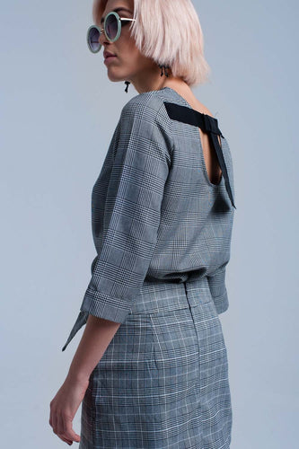 Gray Ribbon Back Tartan Pattern Top