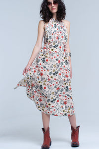 High Neck Beige Floral Midi Dress