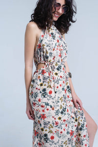 High Neck Beige Floral Midi Dress