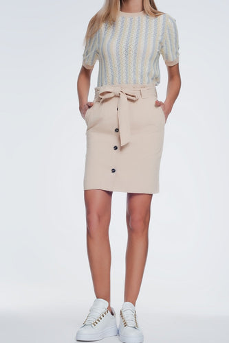 Beige Tie Waist Mini Skirt