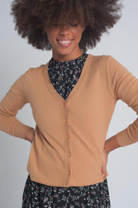 Button Front Cropped Knit Cardigan in Camel